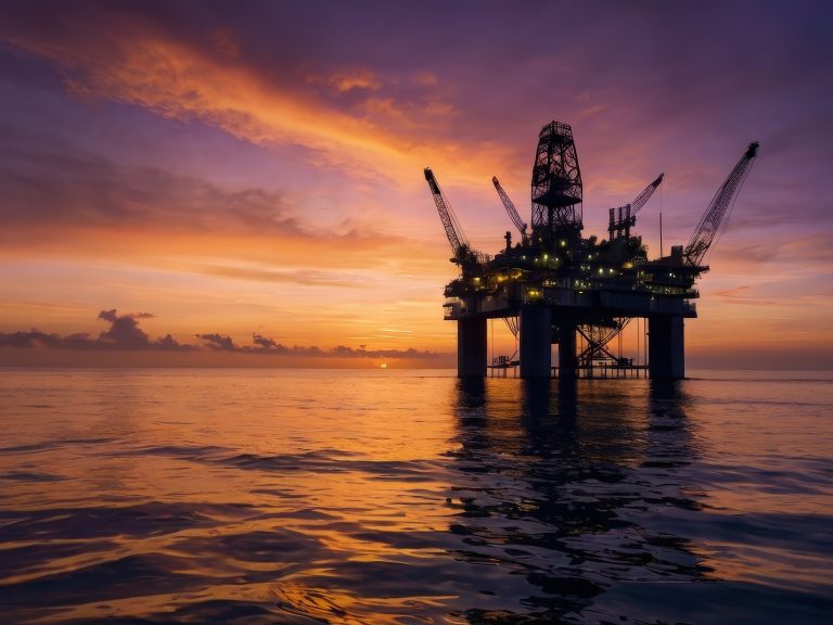 Silhouette of an Oil Rig in the Ocean at Dusk, Photo landscape sea, photo realistic - AI Generative